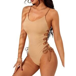 Narecte Womens One Piece Swimsuit High Cut Strappy Tie Side Cheeky Medium